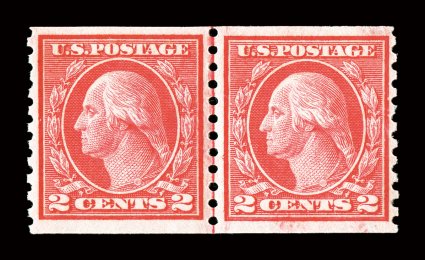454, 2c Red rotary coil, Ty. II, perf. 10 vert., attractive joint line pair, unusually well centered, bright and fresh, o.g., n.h., choice very fine 1988 and 2000 PF
certificates.
