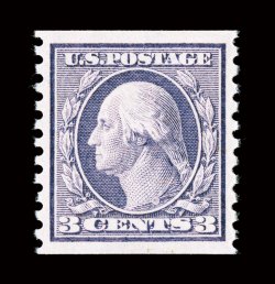 456, 3c Violet rotary coil, Ty. I, perf. 10 vert., the perfect mint example of this scarce coil, possessing absolutely flawless centering amid extravagantly large margins,
prooflike color and impression, pristine o.g., n.h., a superb gem for t