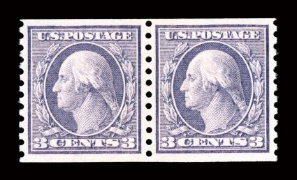 456, 3c Violet rotary coil, Ty. I, perf. 10 vert., exceptionally well centered pair, crisp impression on fresh paper, o.g., lightly hinged, extremely fine 1999 PF certificate
and 2008 PSE certificate (XF 90 SMQ $830.00).