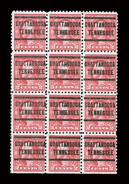 467, 5c Carmine error, double error in a block of twelve, with Chattanooga, Tenn. pre-cancels, bright fresh color, one 2c stamp (right stamp in third row) with light crease,
fine-very fine any used 5c error is quite scarce, particularly so as a