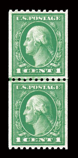 486, 1c Green coil, Ty. II, perf. 10 horiz., gem joint line pair, extraordinarily well centered, lovely bright fresh color, pristine o.g., n.h., superb despite its modest
catalog value, it is an exceptionally difficult line pair to find in this