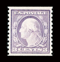 493, 3c Violet coil, Ty. I, perf. 10 vert., a true gem mint single of this surprisingly challenging coil, beautifully centered amid lavishly large margins which are most
uncharacteristic, bright color on crisp paper, immaculate o.g., n.h., extre