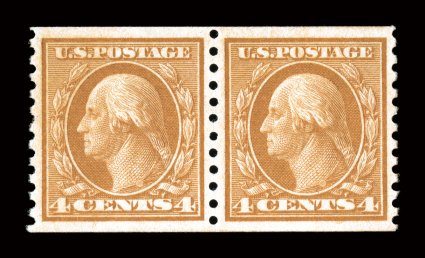 495, 4c Orange brown coil, perf. 10 vert., mint pair that is flawlessly centered within large margins, lovely rich color, o.g., n.h., extremely fine gem 2008 PSE certificate
(Superb 98 SMQ $475.00) only one pair grades higher.