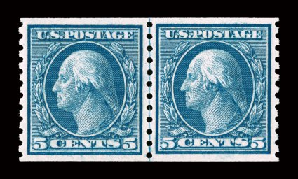 496, 5c Blue coil, perf 10 vert., joint line pair, especially well centered and margined, strong rich color, o.g., n.h., extremely fine 1997 PF certificate and a 2008 PSE
certificate (XF-Superb 95 SMQ $300.00).