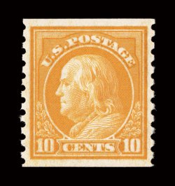 497, 10c Orange yellow coil, perf. 10 vert., gem mint single, flawlessly centered within large margins, gorgeous vibrant color and impression, immaculate o.g., n.h., extremely
fine a superb coil single for the most fastidious collector 2004 an