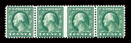 498b, 1c Green, horizontal pair, imperforate between, strip of four with the error pair being in the middle, deep intense color, usual centering, o.g., n.h., a fine example of
this rarely offered Washington-Franklin error 2008 PF certificate.