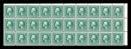 498f, 1c Green A.E.F. booklet pane of thirty, position W6, with guide line at left and bottom, rich color, o.g., lightly hinged, tiny bit of h.r. in bottom margin, top left
stamp with faint thin spot, otherwise very fine.