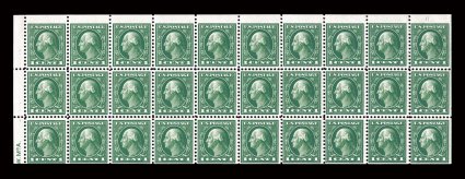 498f, 1c Green A.E.F. booklet pane of thirty, position W11, with guide line at right and siderographers initials in the left tab, deep color, nicely centered, o.g., lightly
hinged, one stamp in the bottom row with a tiny thin speck, otherwise v