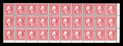 499f, 2c Rose, Ty. I, A.E.F. booklet pane of thirty, a lovely mint example of the rarest of all United States booklet panes, much better centering than typically found, as
most are quite poorly centered, gorgeous bright color, fresh and intact,