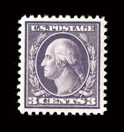 502, 3c Dark violet, Ty. II, incredibly well centered, large margins all around, strong color and impression, o.g., n.h., extremely fine gem 2006 PF certificate (XF-Superb 95
SMQ $385.00).