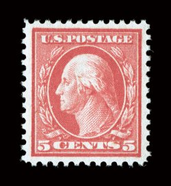 505, 5c Rose error, a lovely mint single of this always popular error, marvelously bright and fresh, exceptionally well centered within unusually large margins, rich color,
o.g., n.h., extremely fine 2005 PSE certificate (XF 90 SMQ $1,800.00).