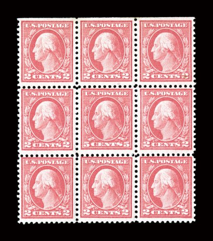 505, 5c Rose error, single error in a block of nine, bright color, o.g., top 2c row hinged, others including the error are never hinged, fine.