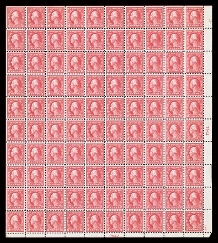 505, 5c Rose error, single error contained in a full pane of 100, bright fresh color, o.g., n.h. except a few stamps in the top row (affecting the block of nine) are hinged,
fine-very fine.