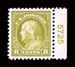 508, 8c Olive bister, a superb right sheet-margin plate no. 5725 single, possessing absolutely flawless centering amid lavishly large margins, gorgeous vibrant color and
impression on immaculate paper, unblemished o.g. without a single gum bend