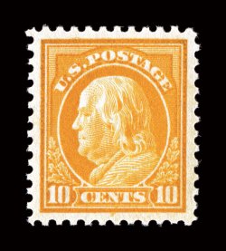 510, 10c Orange yellow, a most impressive quality mint single, boasting mathematically perfect centering amid very large margins, equally impressive is this stamps absolutely
radiant color and impression on pristine paper, immaculate o.g., n.h.