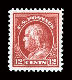 512a, 12c Brown carmine, an eye-arresting jumbo-margined mint example, boasting absolutely enormous margins and being perfectly centered within them, plus its color is
incredibly deep and vibrant, quite unlike any other we have seen, o.g., n.h.,
