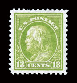 513, 13c Apple green, flawlessly centered amid uncharacteristically large margins, lovely brilliant color and a strong impression, o.g., n.h., extremely fine an immaculate gem
1992 and 2003 PF certificates.