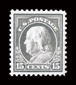 514, 15c Gray, outstanding centering within very large margins, considerably stronger color and impression than typically seen, pristine o.g., n.h., extremely fine a select
quality example 2005 PSE certificate (XF-Superb 95 SMQ $830.00).
