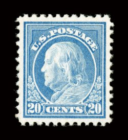515, 20c Light ultramarine, an especially handsome and choice mint single, extraordinarily well centered and margined, rich luxuriant color and a crisp impression on bright
paper, o.g., n.h., extremely fine gem 2000 APS certificate and a 2006 P