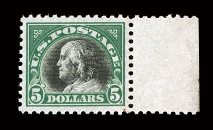 524, $5.00 Deep green and black, right sheet-margin single, excellent centering within large margins, bright and fresh, o.g., n.h., extremely fine 2000 PF
certificate.