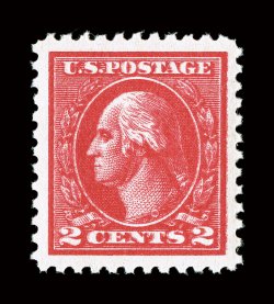 528c, 2c Carmine offset, Ty. Va, double impression, an absolutely perfect mint example of this striking double impression variety, with the two impressions closely imprinted
creating amazing intense color, marvelously bright and fresh, precisely