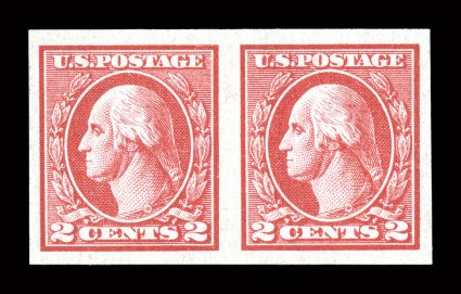 533, 2c Carmine offset imperforate, Ty. V, horizontal pair, large balanced margins all around, fresh color, o.g., n.h., extremely fine 1981 and 2000 PF
certificates.