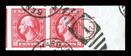 533, 2c Carmine offset imperforate, Ty. V, right margin horizontal pair with plate no. 11260 in the selvage, others margins also very large, brilliant color, crisp duplex
cancels, trivial paper wrinkles in far selvage outside the plate number, e