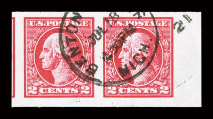 533, 2c Carmine offset imperforate, Ty. V, right sheet-margin horizontal pair, large to huge margins all around, brilliantly fresh color, neat portion of a duplex cancel,
extremely fine 2006 PF certificate for the plate block from which this ca