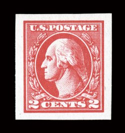 534A, 2c Carmine offset imperforate, Ty. VI, gem mint single, featuring lavishly large and wonderfully well balanced margins all around, intense color and impression which is
nicely contrasted by its bright white paper, o.g., n.h., extremely fin
