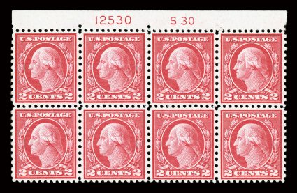 540, 2c Carmine rose coil waste, Ty. III, perf. 11x10, top margin S30 and plate no. 12530 block of eight, brilliant color, unusually well centered and margined for a coil
waste plate block, o.g., n.h., choice very fine 2008 PF certificate.