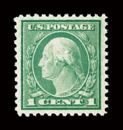 545, 1c Green coil waste, perf. 11, a striking mint example of this scarce and always difficult stamp, possessing enormous margins for any coil waste, and being marvelously
well centered within them, lovely fresh color, o.g., n.h., extremely fin