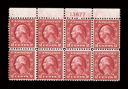 546, 2c Carmine coil waste, top margin plate no. 13677 block of eight, deep color, nicely centered for a coil waste stamp, o.g., never hinged except superfluous bottom left
stamp hinged (and may have a tiny thin speck), fine-very fine especiall