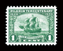 548, 1c Pilgrim Tercentenary, outstanding centering within large margins, rich fresh color, pristine o.g., n.h., an extremely fine gem 2008 PSE certificate (Superb 98 SMQ
$690.00).