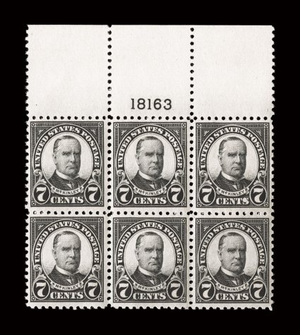 559, 7c Black, handsome full top margin plate no. 18163 block of six, exceptionally well centered, marvelously bright, fresh and intact, o.g., n.h., extremely fine and
choice.