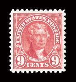 561, 9c Rose, choice mint single, exceptionally well centered and margined, deep luxuriant color and a razor-sharp impression, o.g., n.h., extremely fine a little gem 2006 PSE
certificate (XF-Superb 95 SMQ $250.00).