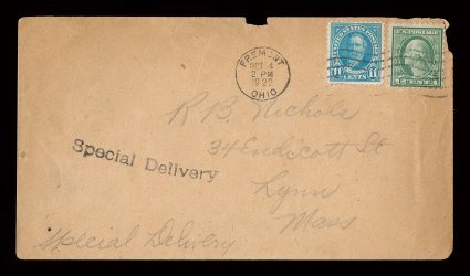 563, 11c Light blue, tied to first day cover along with 1c Green (543) to pay the special delivery rate by seldom seen Freemont, OhioOct 41922 machine cancel, backstamped
Lynn, Mass., edge tears at top and right with a couple of tiny pieces