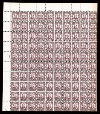564, 12c Brown violet, full top left plate no. 14404 pane of 100, individual centering ranges from fine to extremely fine, o.g., n.h., there is a light toned band at the far
left of the top selvage only, otherwise quite fresh and very fine overa