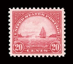 567, 20c Carmine rose, a striking jumbo-margined mint example, featuring extravagantly sized margins all around and being marvelously well centered within them, especially
deep and radiant color, o.g., n.h., extremely fine seldom encountered in