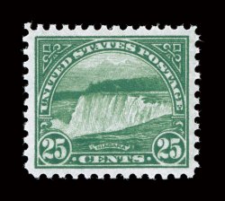 568, 25c Yellow green, perfectly centered within large balanced margins, deep vibrant color and a strong impression, immaculate o.g., n.h., an extremely fine gem in every
regard 2005 PSE certificate (Superb 98 SMQ $1,300.00) only two stamps g