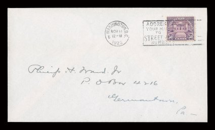 570, 50c Lilac, very well centered single with marvelously intense color, tied to fresh first day cover serviced by Philip H. Ward by Washington, D.C.Nov 111922 machine
cancel, exceptionally clean and attractive, extremely fine and scarce fi