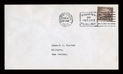 571, $1.00 Violet black, fresh and well centered single, tied to attractive first day cover by strong and clear strike of Washington, D.C.Feb 121923 machine cancel, serviced
by Edward C. Worden with his neat typed address, opened at left, tr