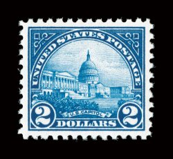 572, $2.00 Deep blue, gem mint example that possesses absolutely perfect centering amid very large margins, truly prooflike color and impression on brilliantly fresh paper,
unblemished o.g. without any of the typical gum bends or skips so often