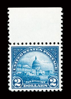 572, $2.00 Deep blue, choice top sheet-margin mint single, exceptionally well centered, strong rich color on bright paper, o.g., n.h., extremely fine 2008 PSE certificate
(VF-XF 85 SMQ $220.00).