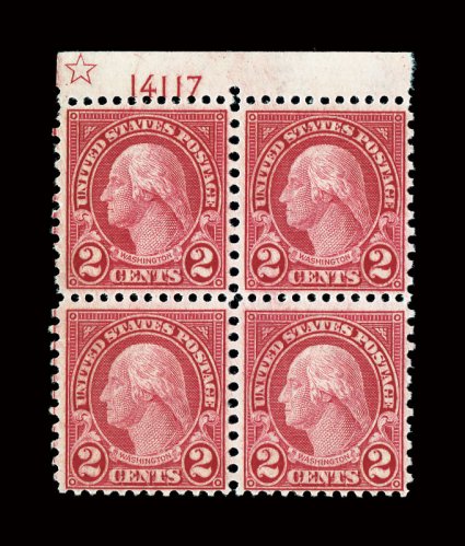 579, 2c Carmine coil waste, top margin star and plate no. 14117 block of four, well centered for this, strong color, o.g., n.h., tiny gum skip on top right stamp, fine-very
fine.