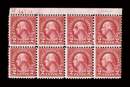 579, 2c Carmine coil waste, top margin star and plate no. 14731 block of eight, with position 4 showing the recut eye variety, position 3 also shows a bruised eye, fresh
color, o.g., lightly hinged in the selvage only, stamps never hinged