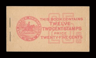 BK72, 25c Booklet of two panes of 583a, with both panes showing part of  the plate number in the left margin, exceptionally fresh, light staple hole indentation at the right
of the cover, stamps centered into the perfs. at top, overall very