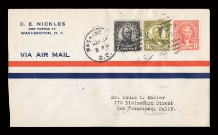 588-90, 7c Black, 8c Olive green and 9c Rose, three stamp combination first day cover, tied to C.E. Nickles corner card cover by WashingtonD.C.May 291925 duplexes, stamps are
well centered and neatly placed, backstamped San Francisco, opene