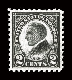 612, 2c Harding, extraordinarily well centered and margined, strong color and a highly detailed impression, o.g., n.h., extremely fine actually a very difficult stamp to find
in this gem quality 2008 PSE certificate (Superb 98 SMQ $1,200.00).