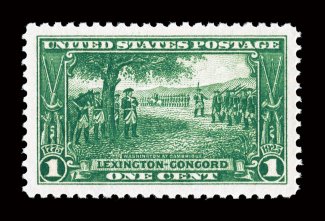 617, 1c Lexington-Concord, flawlessly centered within extravagantly large margins, brilliantly rich color, pristine o.g., n.h., an extremely fine gem 2008 PSE certificate
(Superb 98 SMQ $260.00).
