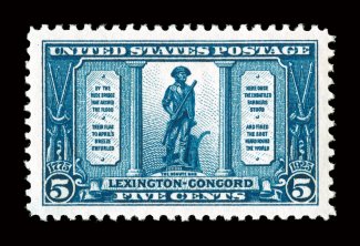 619, 5c Lexington-Concord, impeccably well centered amid very large margins, especially deep color and impression on fresh paper, pristine o.g., n.h., extremely fine gem 2008
PSE certificate (Superb 98 SMQ $660.00).